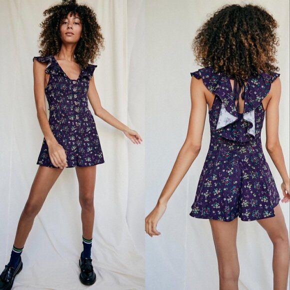 Free People Violet Visions Corduroy Purple Floral Ruffle Romper Women's Size S - Picture 1 of 9
